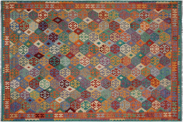 Flat Weave Kilim, Antique, Navaho, Vintage, Handmade, Geometric Kilim Rust Green Hand-Woven Rectangle 100% Wool Area Rug 10 x 13